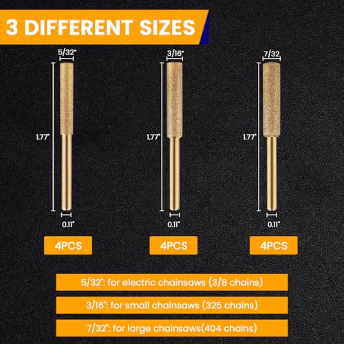 Image of Serplex 12Pcs Chainsaw Sharpener Bits Titanium Plated High Hardness Sharpening Attachments for Chainsaw Chain 4 /4.8 /5.5mm Dia Coarse Emery Sharpening Bits for Electric Power Tools Rotary Tools