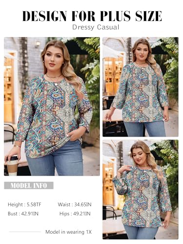 Image of Chulianyouhuo Womens Plus Size Tops 3 /4 Sleeve Casual T Shirts | Crew Neck, Pleated Blouse Tee, Dressy Casual Shirts, Loose Fit Tunic Tops, Soft Fabric, Going Out Outfits