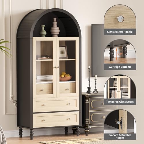 Image of Garvee 71 inch Arched Cabinet with Glass Doors, Modern Tall Kitchen Pantry Storage with Adjustable Shelves, Wood Display Bookcase for Living Room, Dining Room