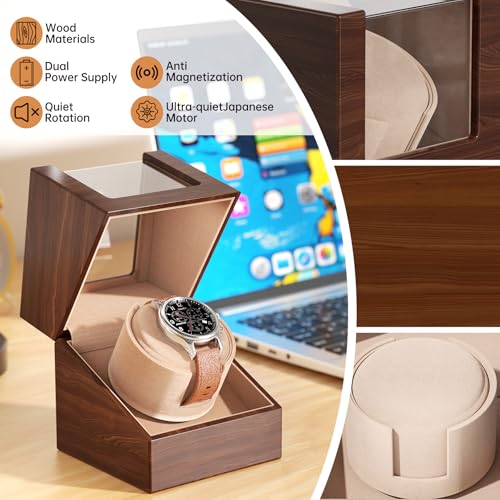 Automatic Single Watch Winder Box for Rolex and Other Watches, Ultra Quiet Japanese Motor, Self Winding Rotating Wooden Watch Case, Battery or AC Powered, Premium Watch Box for Men and Women2