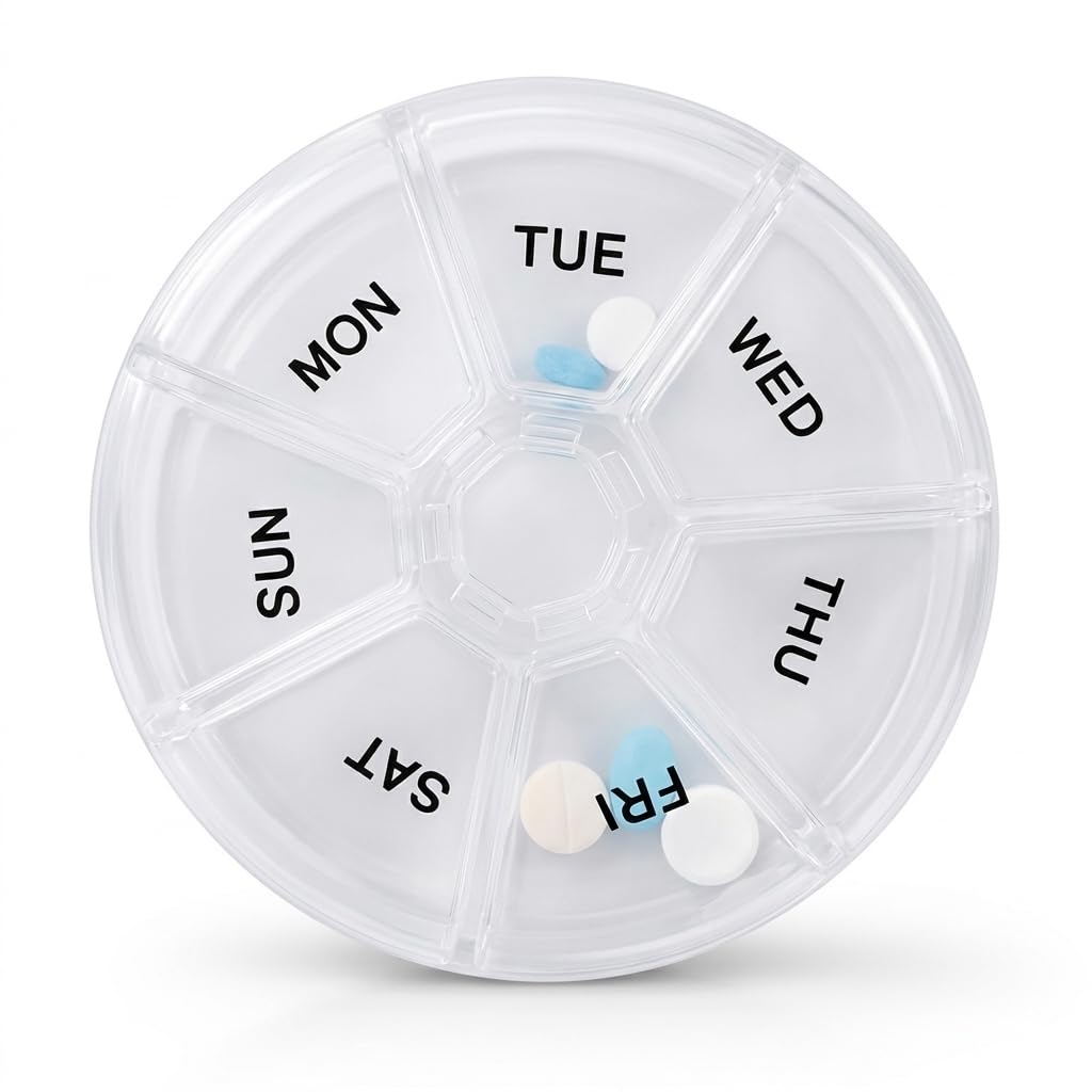 Weekly Pill Organiser, 7 Compartments, Round Clear Case with Snap Shut Lids, Portable Medicine Box