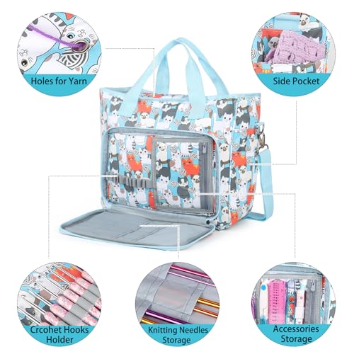 aeelike yarn storage organizer travel crochet bag large capacity tote bag knitting bag for carrying projects knitting needles crochet hooks and yarn cute blue cat