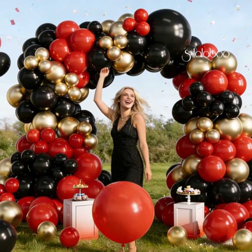 Image of Red Balloons Arch Kit 155Pcs Black Gold Metallic 18 10 5 Inch | Red Different Sizes Latex Balloon Garland for Birthday Anniversary Graduation Party Decorations
