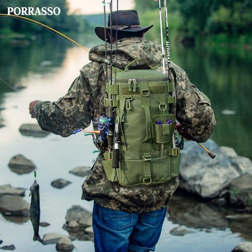 Mochila de pesca multifuncional con portacañas impermeable verde miniatura 2