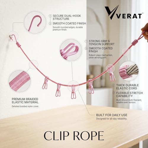 Image of VERAT 2 Piece Cloth Drying Rope /Elastic Rope with Hook /12 Clip Elastic Hanging Rope /Stretchable /Clothesline /Portable Cloth Dryer /Kapde Sukhane Ki Rassi /Travel Home Outdoor(Multicolour), Assorted