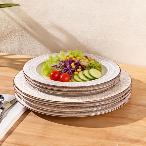 Image of GBHOME Ceramic Dinnerware Sets,18 pcs Embossed Elegant Stoneware Plates and Bowls Sets, Housewarming Wedding Gift | Dishwasher & Microwave Safe | Dishes Set Service for 6