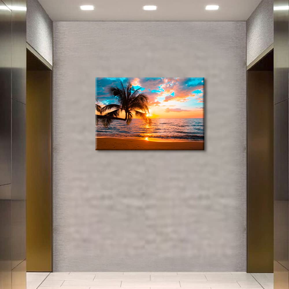Canvas Wall Art for Living Room Bathroom Wall Decor Sunset Beach Sea Coconut Tree Ocean Landscape Painting Ready to Hang Home Decorations for Office Canvas Prints 24x16in - Image 2