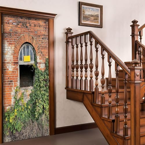 Pegatinas para Puertas de Edificio Desgastado Door Stickers 3D Adhesivo Vinilo Pegatina Puerta Muro de Ladrillos Rural Murales Póster Decorativas de Pared Mural Papel Pintado 70x200 cm a/1747