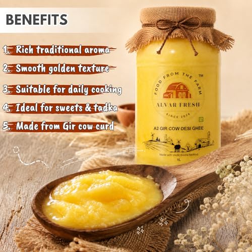 Image of Alvar Fresh A2 Gir Cow Desi Ghee 1 Litre | Traditional Vedic Bilona Method | Pure Cultured Ghee from Gir Cow Milk | Natural Aroma & Rich Taste | Premium Glass Jar Packaging