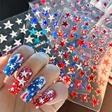 Independence Day Nail Stickers for Nail Art, Shiny Star Nail Decals Rhinestones 5D Self-Adhesive Red White Blue Stars American Flag Patriotic Design Sticker for Women 4th of July Nail Decoration, 3Pcs