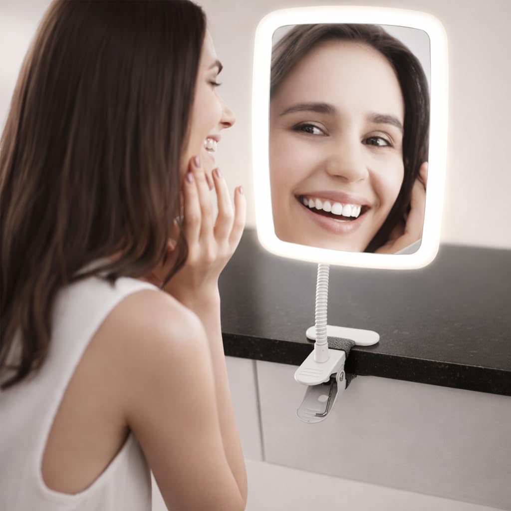 Ezcora Clip On Lighted Makeup Mirror with Flexible Gooseneck, Portable Vanity Mirror with Lights for Desk, Bathroom, Car, and Travel, Rechargeable Vanity Mirror for Makeup and Skincare