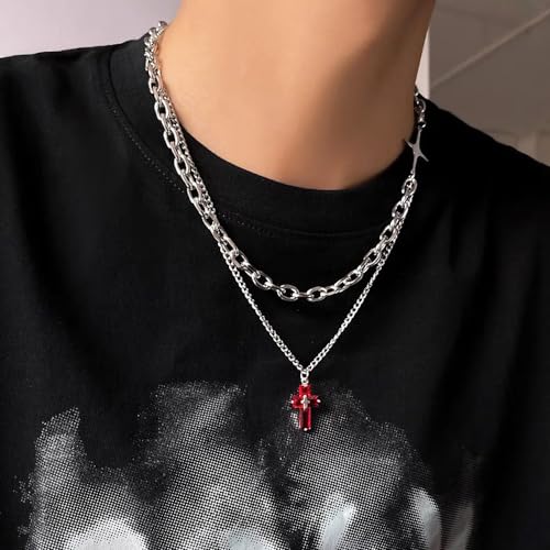 GulCean Goth Cross Necklace for Men Stainless Steel Trendy Y2K Layered Paper Clip Cross Cuba Chain Red Black Zircon Liquid Metal Cross Pendant Charm Choker Necklace for Women4