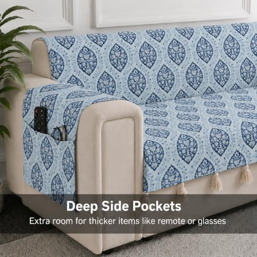 Image of STITCHNEST 'Eden Weaves Collection Series' 1 Seater Sofa Cover | Full Coverage with Armrest Pockets | Elegant Woven Fabric, Decorative Tassels, Washable & Durable for Modern Living