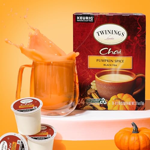 Image of Twinings Pumpkin Spice Chai Black Tea K-Cup Pods for Keurig, 24 Count (Pack of 1), Warm, Spicy & Aromatic, Unsweetened, Caffeinated, Enjoy Hot or Iced