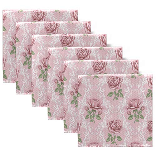 ALAZA Vintage Elegant Floral Pink Cloth Napkins Dinner Napkins Set of 6,Reusable Table Napkins Washable Polyester Fabric for Cocktail Party Holiday Wedding Home Decorative