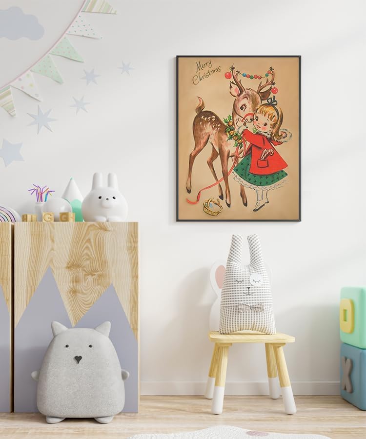 Miniatura 3 de Huabsad Arte de pared vintage de Navidad, regalos retro para niños, niñas lindas abrazando ciervos, impresiones estéticas de imágenes rústicas de
