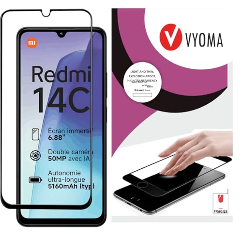 Image of VYOMA Military-Grade Gorilla Tempered Glass for Redmi 14C 5G / A5 / A4 / Poco C75 / C71 (Black) Edge to Edge Screen Protectors, High Clarity, 9H Hardness, Scratch Resistant, Military-Grade, Shatterproof, Screen Guard with Easy Installation Kit