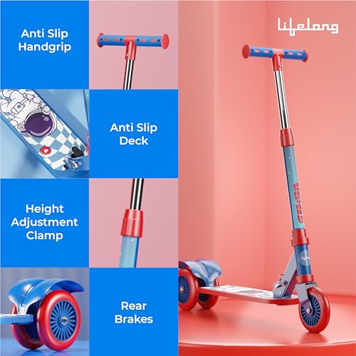 Image of Lifelong Foldable Kick Scooter for Kids 3+ Years | Adjustable Height, Side Stand | 3-Wheel Baby Scooter for Boys & Girls | 50kg Capacity | Outdoor Toy, Ride-on, Skating Fun | Blue & Red