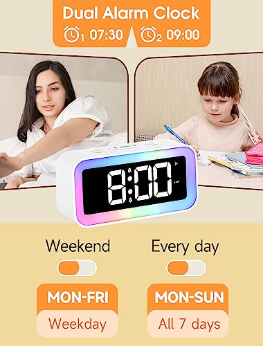 Cadmos Loud Alarm Clock For Bedrooms With Colorful Dynamic Rgb Night Light,Heavy Sleepers Adults,Dual Alarm,Dimmer,Usb Charger,Small Bedside Led Digital Clocks For Kids,Teens,Boys,Girls(White) #TOP3