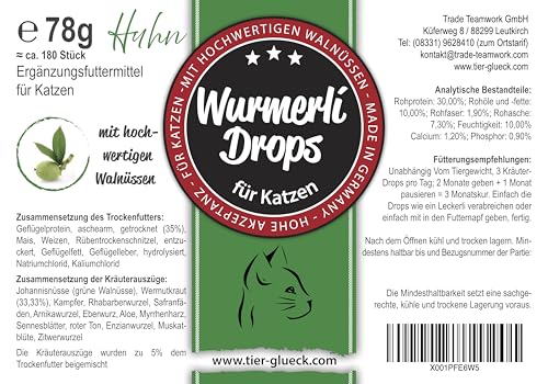 Wurmerli Katzenleckerlis Huhn | Freiwillig gefressen, hohe Akzeptanz | Alternative zu Tabletten & Liquids | Zuckerfrei | Mit Aloe Vera & Grüner Walnuss | 180 Stück | Made in Germany