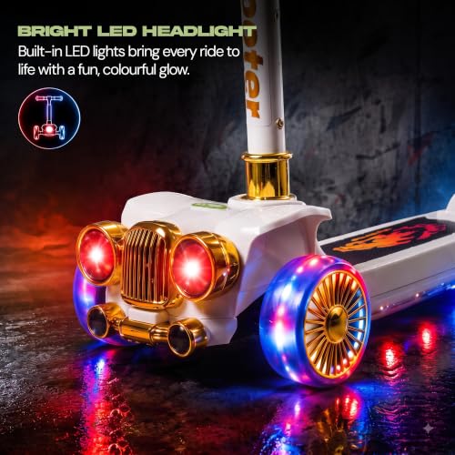 Image of Baybee Twirlo Baby Kick Scooters for Kids with 3 Height Adjustment | Foldable Skating Scooter with Foot Brake | Kids Scooter with RGB Lights & Music | Runner Scooters for Kid 2-10 Years (White)
