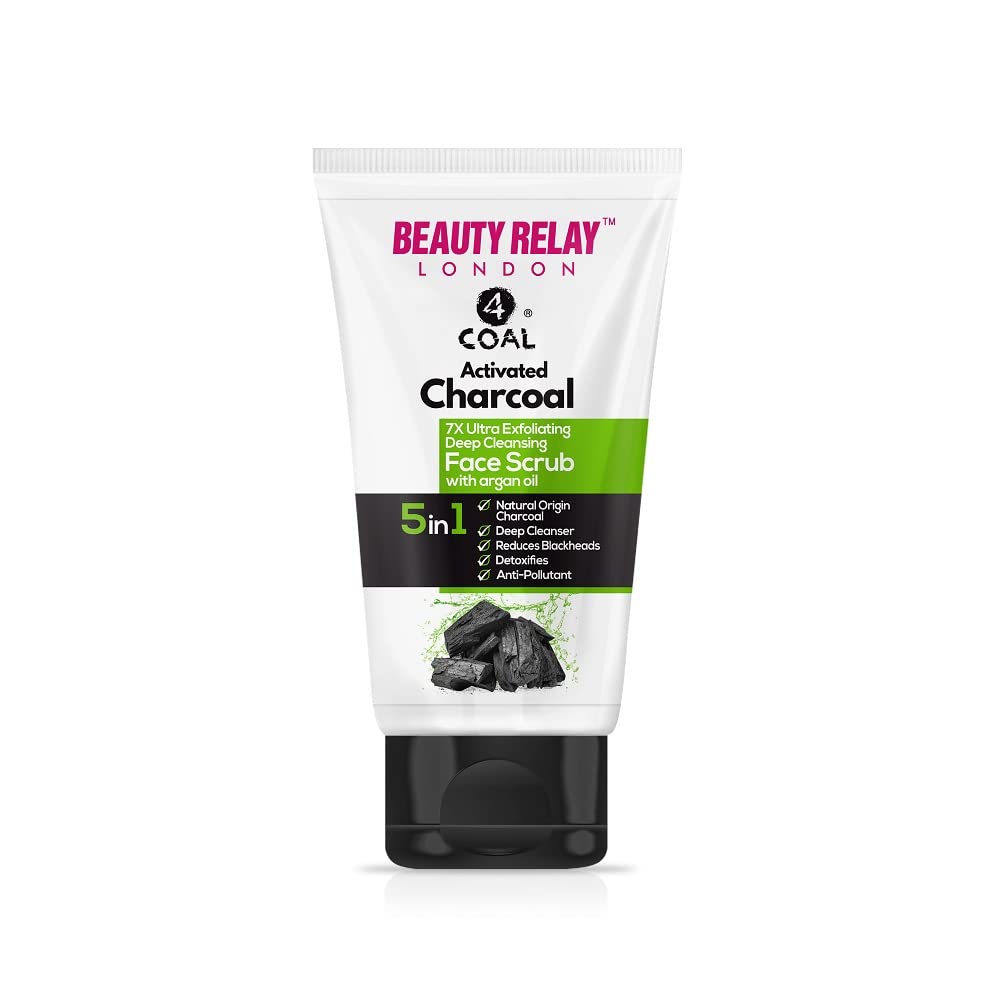 Beauty Relay London 4coal, Activated Charcoal Deep Cleaning Exfoliating Scrub with AloeVera,Juglans Nigra Seed Scrub .Removes Tan and Black Heads,Dirt and impureties.Suitable for All skin Types.