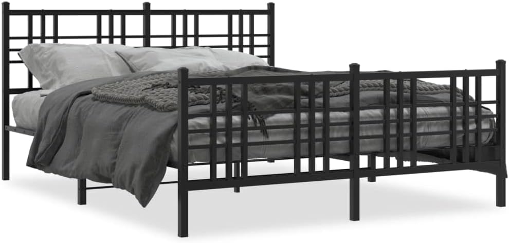 Black Steel Bed Frame 59 x 79 in Rectangular Sturdy Platform Foundation with Slatted Durable Heavy-Duty Design for Bedroom Mattress Support Easy-Assembly No-Box-Spring-Needed