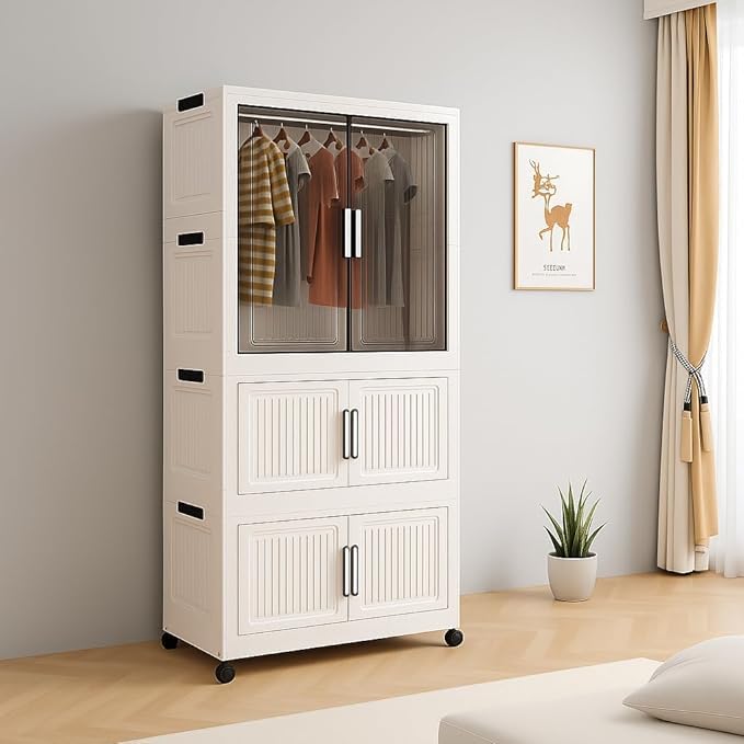 Image of LERIMO Plastic Wardrobe for Clothes | Portable Foldable Almirah for Bedroom | Kids & Baby Clothes Storage | Collapsible Plastic Storage Cabinet | Wardrobe for Bedroom Clothes (White-712, 3 Layer)
