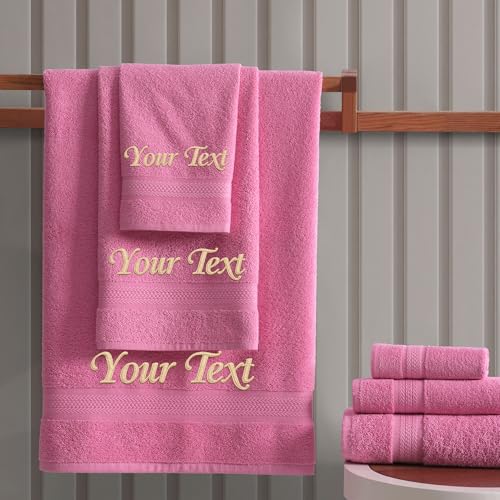 Hawmam Linen Personalized 3 Piece Towel Set Customized Turkish Cotton Towels with Name or Initial Monogrammed Embroidered Bathroom Towels for Home Spa Hotel & Gift Use Pink