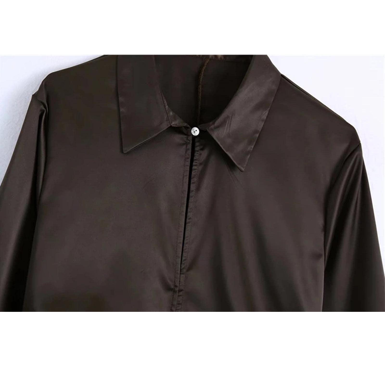 Blusas de Mujer Elegantes Mujeres Slim Brown Satin Folds Camisas Otoño Elegante Dama de Manga Larga Tops Casuales