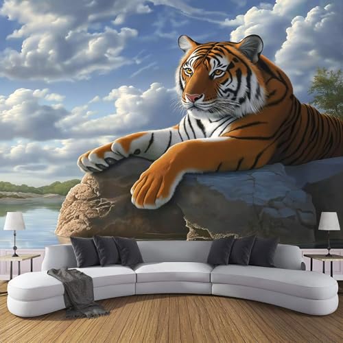 DLERFLOVR 3D Papier Peint Panoramique Animaux Sauvages Soie - 260X175Cm Rocher Du Tigre Grandes Murales Poster Pour Géant 3D Salon, Adulte Chambre D'Enfants...