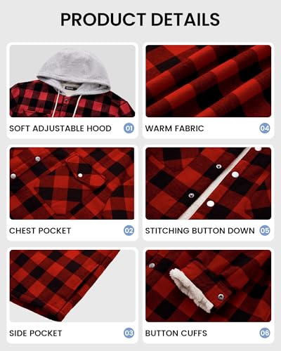 WULFUL Men's Flannel Plaid Shirts Jacket Fleece Lined Winter Shirts Soft Warm Coat with Hood for Men3