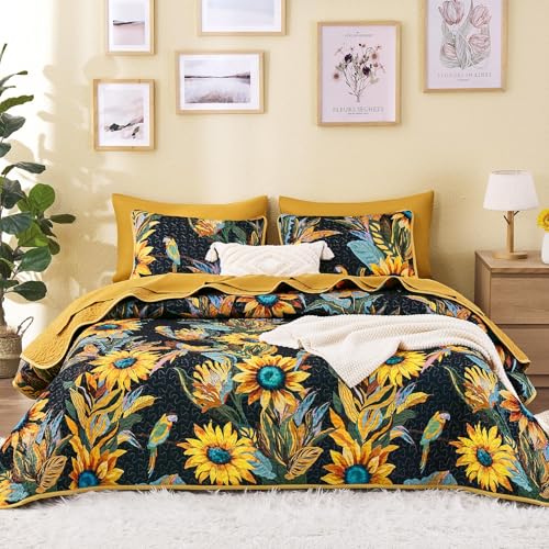 Wake In Cloud - Boho Quilt Set Floral Bohemian Chic Farmhouse Cottagecore Tropical Colorful Sunflower Pattern Reversible Lightweight Bedspread Coverlet 3 Pieces Amber Black Queen/Full Size