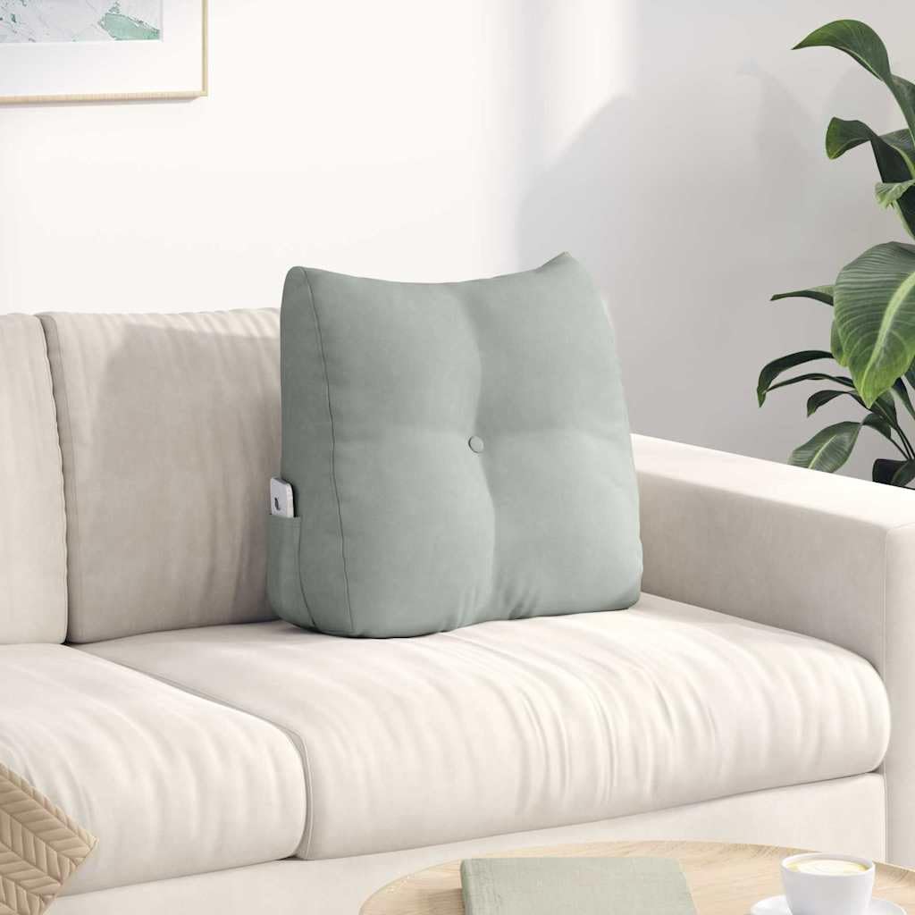 Cojín de espalda gris claro, 45 x 24 x 50 cm, terciopelo con soporte lumbar ergonómico, funda extraíble y práctico bolsillo lateral para oficina, sofá y cama