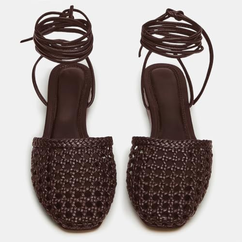 Image of Woven Ballet Flats for Women Lace Up Closed Square Toe Summer Sandals Dressy Shoes
