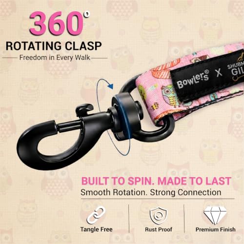 Image of Bowlers Dog Leash for Small, Medium & Large Dogs | Owl & Pink Design | Durable Nylon Pet Walking Lead | Strong Metal Hook | Comfortable Grip for Daily Walks & Training