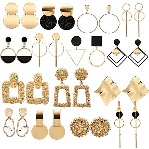 15 Paia Orecchini Pendenti Oro Donna Grande - Bottone Geometrica, Placcati Cerchio Rettangolari Ipoallergenici - Set Moda (Stile 2)-image