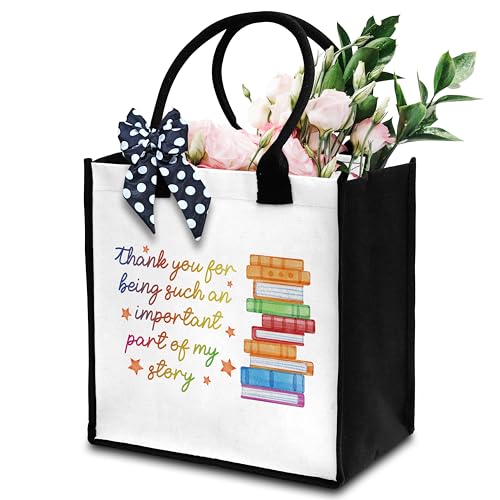 Teacher Tote Bag For Women, Thank You For Being Such An Important Part Of My Story Tote Bag, Appreciation Gift Tote Bag With Ribbon For Teacher's Day, Beach Tote Bag Thank You Gifts For Teachers -06