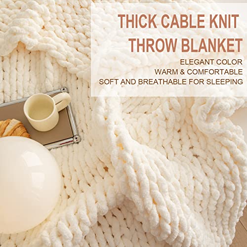 Libcmlian Cream Chunky Knit Blanket Throw 51"X63" Luxury Chenille Yarn Knitted Blanket Cozy Soft Handmade Cable Knit Throw Blanket For Couch Bed Sofa #TOP3