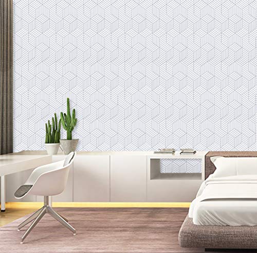 17.7"X197"White And Silver Geometric Hexagon Stripped Peel And Stick Wallpaper Removable Contact Paper Self Adhesive Wallpaper Easy To Clean Decorative For Wall Covering Shelf Drawer Liner #TOP5