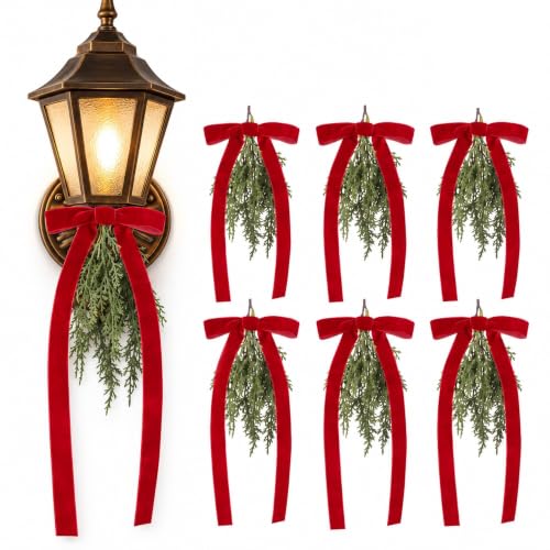 6 Christmas Teardrop Swag Red Velvet Bow 16" Pine Light Decor