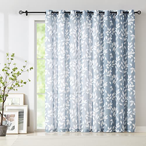 Image of Blue White Sliding Glass Door Curtain Leaf Print Semi Sheer Curtain panels 100 inch Extra Wide 84 inch Linen Textured Privacy Window Draperies for Living Room Privacy Botanical Glass Door Curtain 100 inchw 1 pc