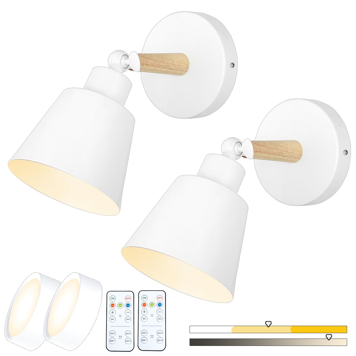 BIMEAN White Battery Operated Wall Sconce Set of Two, Easy to Install Wireless Lights for Wall, Remote Control Dimmable LED Lights, Auto Timer Wall Lamp Fixtures for Bedroom, Gallery, Living Room, RV