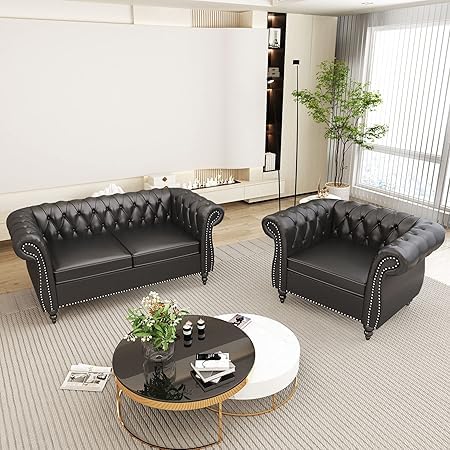Image of WOODEN WORLD Modern & Classic Leather Sofa Set - Luxurious Comfort, Stylish Design, and Durable Build (Black, 2+1 Seater)