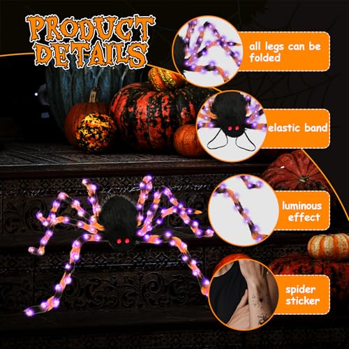 SPERMUOY Halloween Kostüme Spinne Rucksack,Halloween Riesenspinne Rucksack kostüm mit 8 modi Lichtern,Halloween Giant Spider Dekorationen Spinnenkostüm für Erwachsene Kinder Karneval Party-Orange
