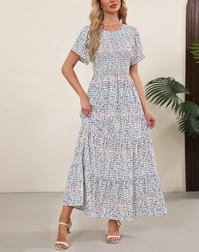 Image of Kranda Women 2025 Summer Fall Crewneck Short Sleeve Smocked Floral Maxi Dress