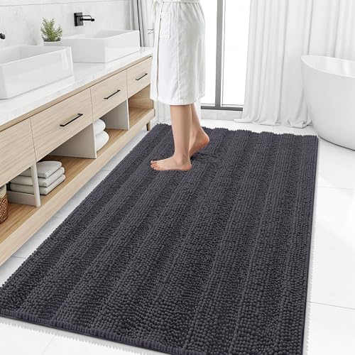 Image of Smiry Thick Chenille Large Bathroom Rugs 50x30, Extra Soft Absorbent Striped Bath Mat, Machine Washable, Rubber Backing, Bath Rugs for Bathroom, Tub & Shower, Home Decor Accessories, Dark Grey