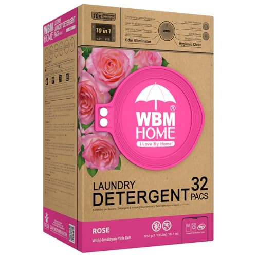 WBM 5-in-1 Laundry Detergent Pods, Ultra Concentrate, Powerful Stain Lifter, Fabric Softener, Rose Scent, 32 Count, HE Compatible, Eco-Friendly, Gentle
