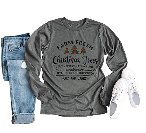 MK Shop Limited Farm Fresh Christmas Trees Plaid Sweatshirt Women Funny Christmas Long Sleeve Pullover Tops(L) Light Grey