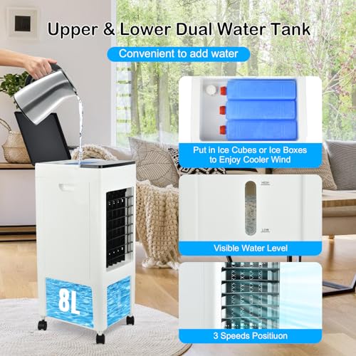SHAVINGFUN Air Cooler for Home,Portable Air Conditioner with Remote Control and LED Display,8H Timer,8 L Water Tank with 4 Ice Packs,Adjustable Speeds,60° Oscillation,High Cooling Efficiency for Room - Image 6